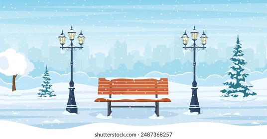 cartoon Winter city park with wooden bench, lanterns and town buildings skyline. Urban empty public garden landscape, snow fall under dull sky. Vector illustration in flat style