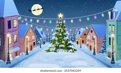 cartoon winter city street with lights in the night in snow fall and christmas tree. Merry Christmas and Happy New Year greeting card. Santa Claus with deers in sky above the city. Vector illustration