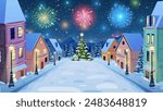 cartoon winter city street with soft street lights in the night in snow fall and christmas tree, fireworks. Merry Christmas and Happy New Year greeting card background poster. Vector illustration