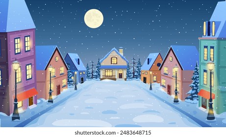 cartoon winter city street with soft street lights in the night in snow fall. Merry Christmas and Happy New Year greeting card background poster. Vector illustration