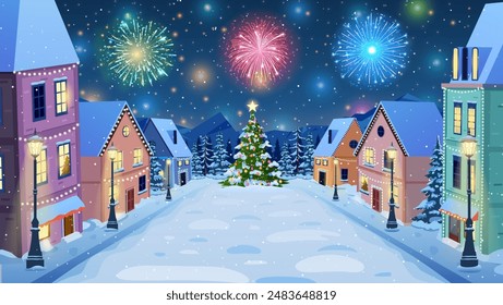 cartoon winter city street with soft street lights in the night in snow fall and christmas tree, fireworks. Merry Christmas and Happy New Year greeting card background poster. Vector illustration