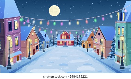 cartoon winter city street with soft street lights in the night in snow fall. Merry Christmas and Happy New Year greeting card background poster. Vector illustration