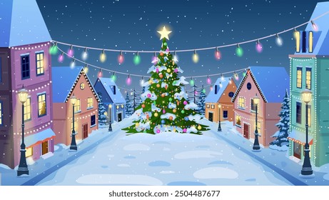 cartoon winter city street with soft street lights in the night in snow fall and christmas tree. Merry Christmas and Happy New Year greeting card background poster. Vector illustration