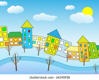 Cartoon winter city. Vector illustration