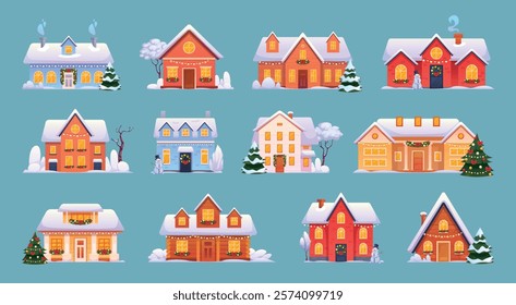 Cartoon winter cottages. Snowy cabins, christmas village rural cosy bungalow mountain chalet wooden houses covered snow capes suburban town housing set, swanky vector illustration original artwork