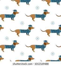 cartoon winter dachshund dogs with hat and sweater with a snowflakes vector seamless background pattern