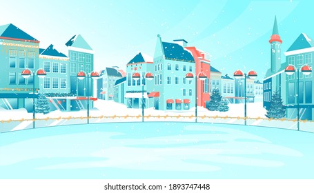 Cartoon Winter Empty Urban Ice Rink on City Square. Preparation to Merry Christmas, Happy New Year Seasonal Holidays Celebration. Festive Design. Cityscape with House Buildings. Vector illustration