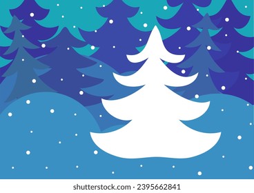 Cartoon Winter Wald Nachthintergrund. Magische Schneelandschaft in Märchenwäldern. Frohe Weihnachtsbaumsilhouette. Tief blauer dunkler Schatten