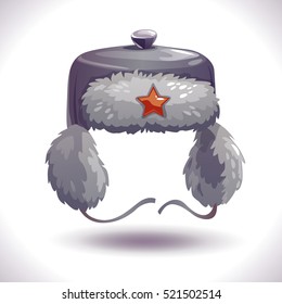 Cartoon Winter Fur Grey Earflaps Hat With Red Star Icon. Ushanka Symbol. Russian National Cap. Vector Illustration.