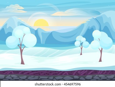 Cartoon winter game style landscape with with ice, trees, cloudy sky and snow mountains hills. Background for games