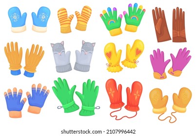 Cartoon winter glovesmittens. Fashion glove for cold winter, cartoon gloves mittens knitted packing hands in mitten, leather football gloving, workwear snow protection, neat vector illustration