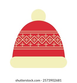 Cartoon Winter Hat Icon with Pompom and Snowflake Pattern