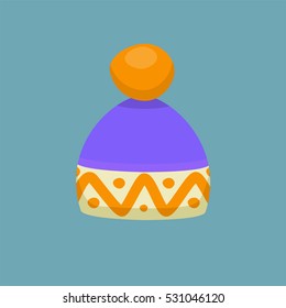 Sombrero de invierno de dibujos animados aislado en fondo azul. Plantilla de ilustración de estilo simple y plano vectorial para arte y diseño de Feliz Navidad y Año Nuevo Feliz
