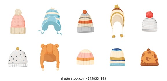 Cartoon winter hats. Warm seasonal hat and cap. Isolated knit head accessories for cold weather for adults and children. Snugly vector collection