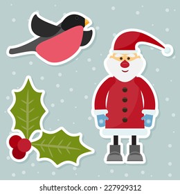 cartoon winter holidays background with funny Santa Claus, cute bullfinch, branch of Holly and snowflakes on the gray background