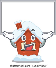 Cartoon winter house with in up board character