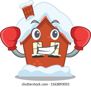 Cartoon winter house with in boxing character