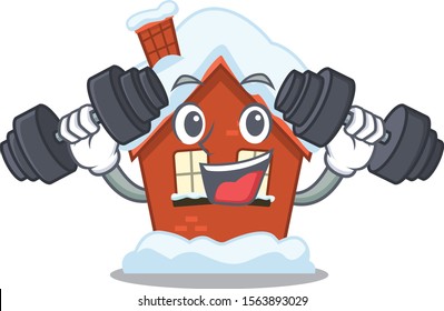 Cartoon winter house with in with bring barbell character