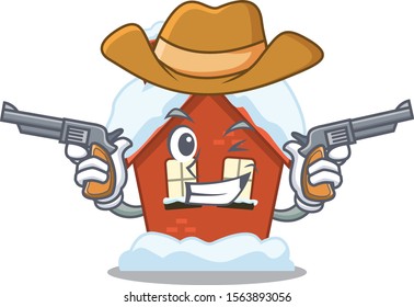 Cartoon winter house with in cowboy character