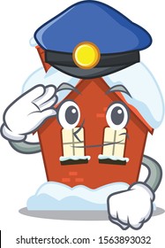 Cartoon winter house with in police character