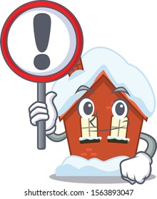 Cartoon winter house with in with sign warning character