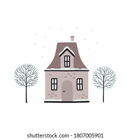 Caricatura de invierno. Imagen vectorial de una casa navideña y árboles cubiertos de nieve.