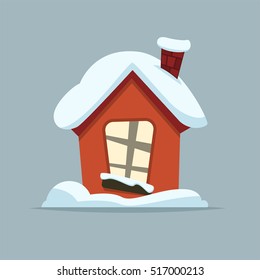 Cartoon Winter House. Vector Image Of The Red Brick Christmas Houses Covered With Snow.