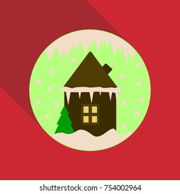 Cartoon Winter house. Vector image christmas houses covered with snow. In circle