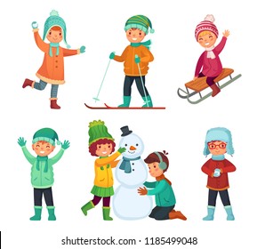 Cartoon winter kids. Children play in winters holiday, sledding and making snowman and snowball. Childrens characters, child playing cold snow holidays Xmas game vector isolated icons set