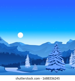 Cartoon Winter Landscape Banner Card Poster Snowy Elements Background Scene Concept Flat Design. Vector illustration