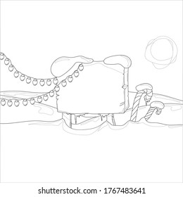 Cartoon winter landscape with with big wood sign candy canes and lights template set. Christmas vector illustration in black and white. Coloring paper, page, children's story book, 