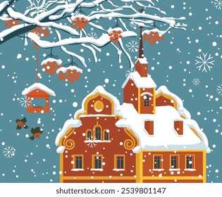 Cartoon winter landscape with a brown house in the snow, snow-covered branches and red clusters of Rowan, bullfinches and a bird feeder. Vector illustration, greeting card or banner in flat style