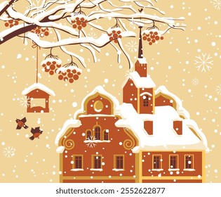 Cartoon winter landscape with a brown house in the snow, snow-covered branches and red clusters of Rowan, bullfinches and a bird feeder. Vector illustration, greeting card or banner in flat style