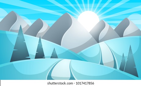 Cartoon winter landscape. Cloud, mountain, road, hill fir illustration Vector eps 10