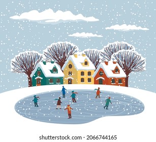 Cartoon winter landscape with cute colorful houses, snow-covered trees and people skating on a large ice rink. Xmas vector illustration, greeting card or decorative banner in flat style