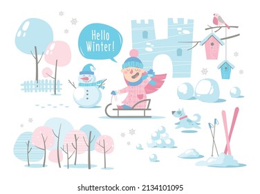 Cartoon winter landscape with a girl on a sled and a dog.