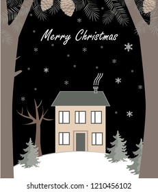 Cartoon winter landscape, with house and snow hill. Vector Illustration