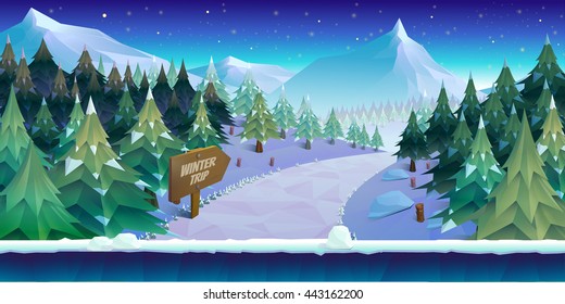 Cartoon winter landscape with ice, snow and cloudy sky. vector nature background for games.