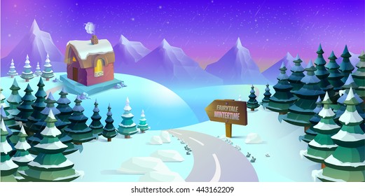 Cartoon winter landscape with ice, snow and cloudy sky. Seamless vector nature background for games.  illustration