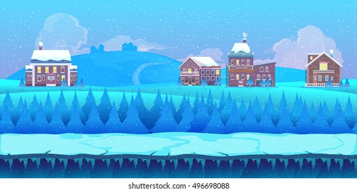 Cartoon winter landscape with ice, snow and cloudy sky. vector nature background for games.