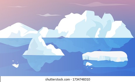 Cartoon winter landscape with iceberg and ice. Global warming concept, calving glacier swimming on the ocean, snow hills, mountains. Colorful flat vector illustration.