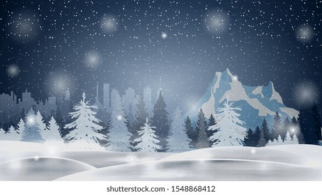 Cartoon winter landscape with pine forest, drifts, mountain and city on horizont. Night winter landscape with snowfall