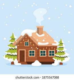 Cartoon winter landscape scene with wooden house, pine trees and snow mountains. vector illustration