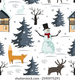 Cartoon winter landscape seamless pattern. Snowy trees, houses, animals and showman. Vector illustration.