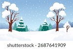 Cartoon winter landscape with snow and tree on background