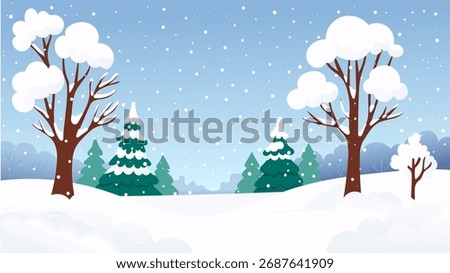 Cartoon winter landscape with snow and tree on background