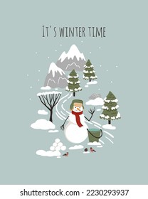 Cartoon Winter landscape with snowman, mountains, pine trees, snow. Christmas time poster, card, print