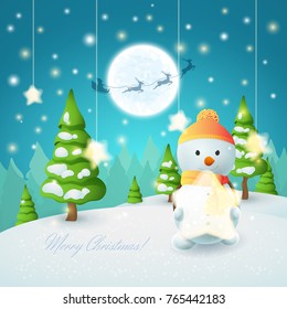 Cartoon winter landscape with a Snowman and shining stars. Holiday night scene with a santa's sleigh, deers, trees and snow. Vector festive card with title "Merry Christmas".