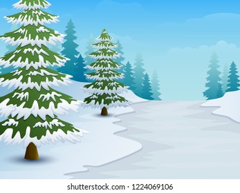 Cartoon of Winter landscape with snowy ground and fir trees