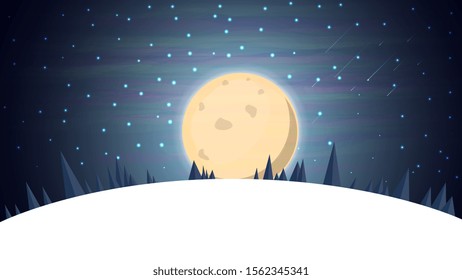 Cartoon winter landscape with spruce, blue starry sky and big full moon for your arts. Vector background with night winter landscape